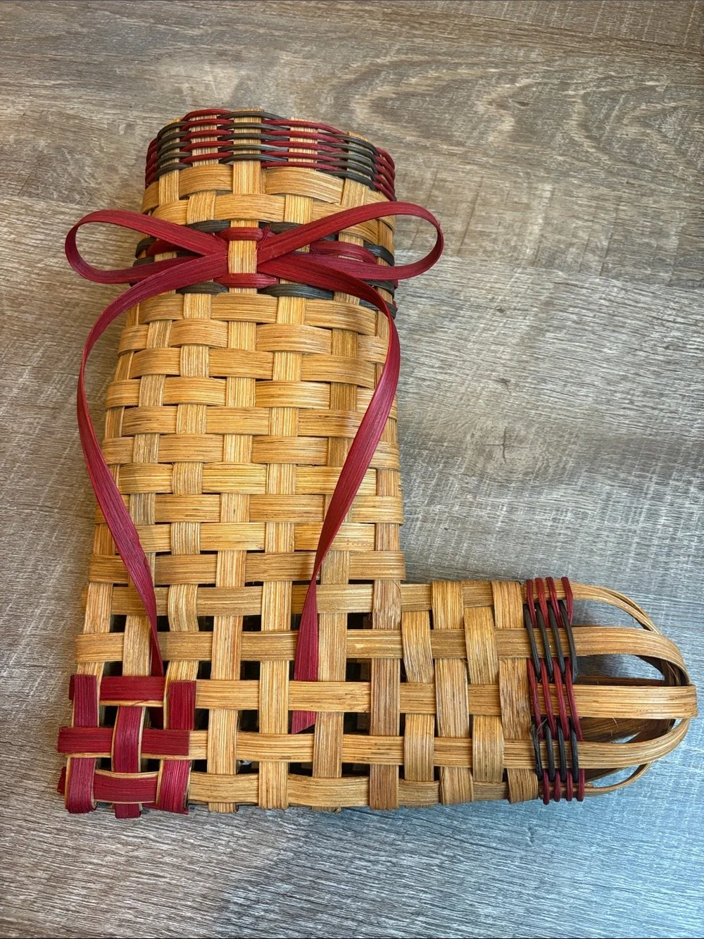 Christmas Stocking Handmade Woven Wicker Basket Holiday Decor Tan/Red